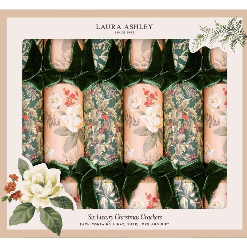 Laura Ashley Dusky Hellebore luxury Christmas crackers, 13" set of 6 with iconic botanical print in pink and sage, velvet bows, and premium quality gifts.