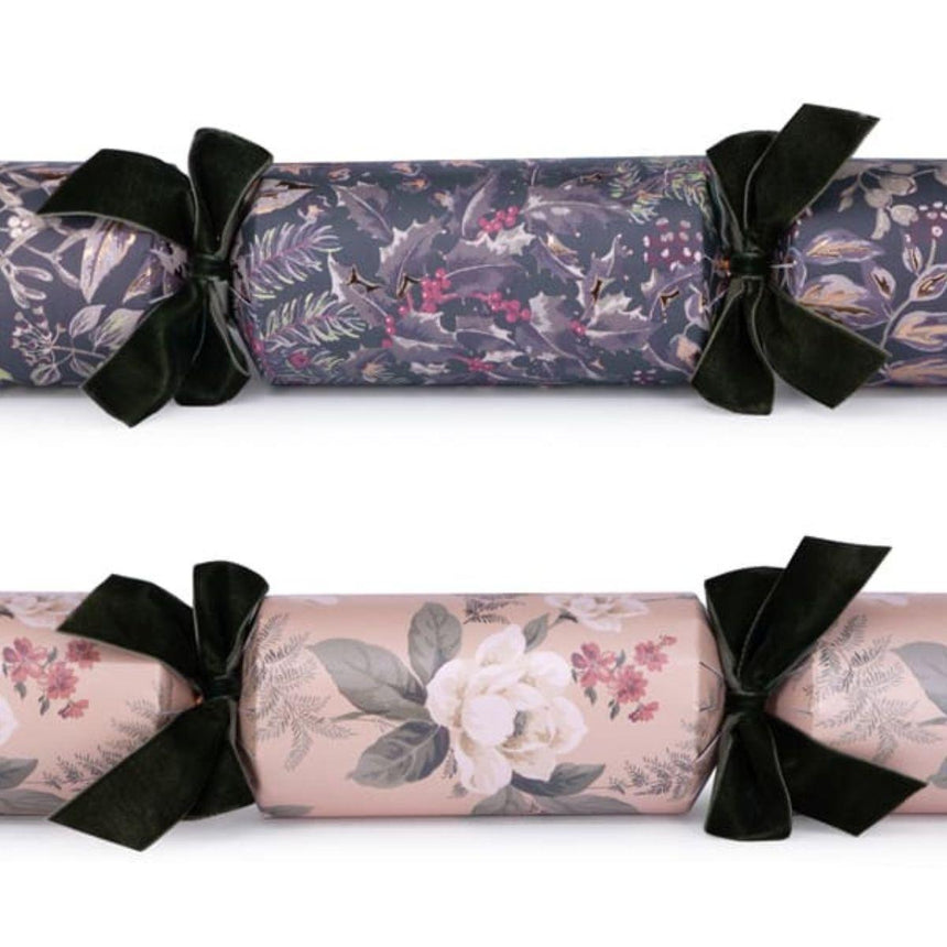 Laura Ashley Dusky Hellebore luxury Christmas crackers, 13" set of 6 with iconic botanical print in pink and sage, velvet bows, and premium quality gifts.