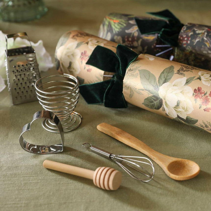 Laura Ashley Dusky Hellebore luxury Christmas crackers, 13" set of 6 with iconic botanical print in pink and sage, velvet bows, and premium quality gifts.