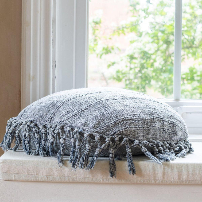 Raine & Humble Kubu Round Slate Sofa/Chair/Bed Cushion - 100% Cotton, Large Tassels, 50cm Dia