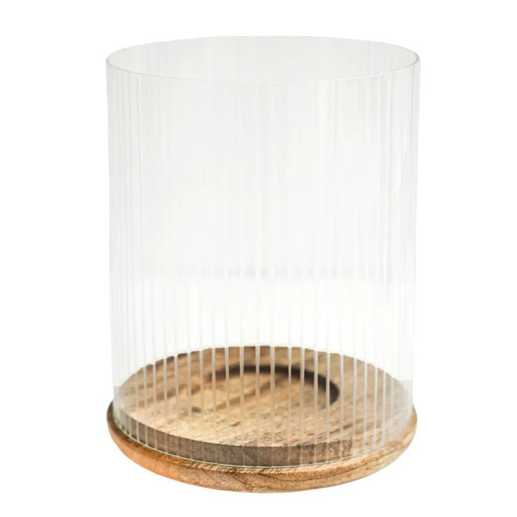 Amelia Ribbed Glass Wooden Candle Holder H19.5cm D16cm Luxury Home Decor Garden & Outdoor And Gifts