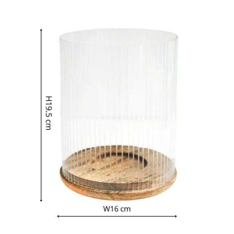 Amelia Ribbed Glass Wooden Candle Holder H19.5cm D16cm Luxury Home Decor Garden & Outdoor And Gifts