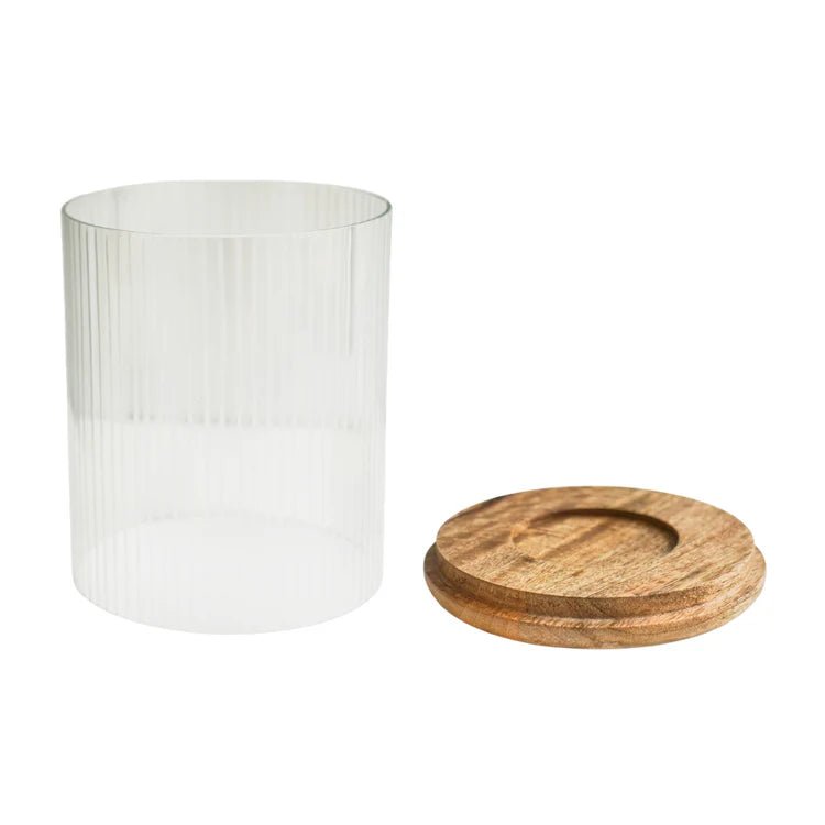 Amelia Ribbed Glass Wooden Candle Holder H19.5cm D16cm Luxury Home Decor Garden & Outdoor And Gifts