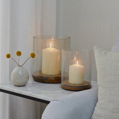 Amelia Ribbed Glass Wooden Candle Holder H19.5cm D16cm Luxury Home Decor Garden & Outdoor And Gifts