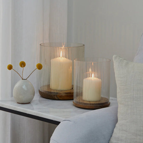 Amelia Ribbed Glass Wooden Candle Holder H23cm D20cm Luxury Home Decor Garden & Outdoor And Gifts