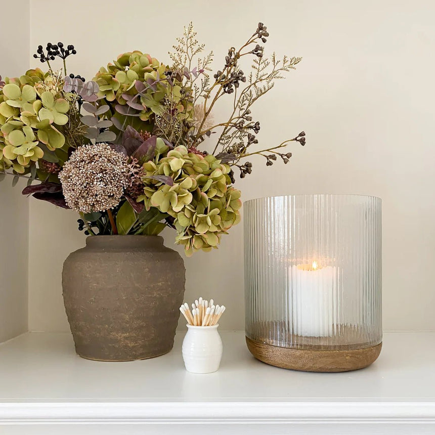 Amelia Ribbed Glass Wooden Candle Holder H23cm D20cm Luxury Home Decor Garden & Outdoor And Gifts