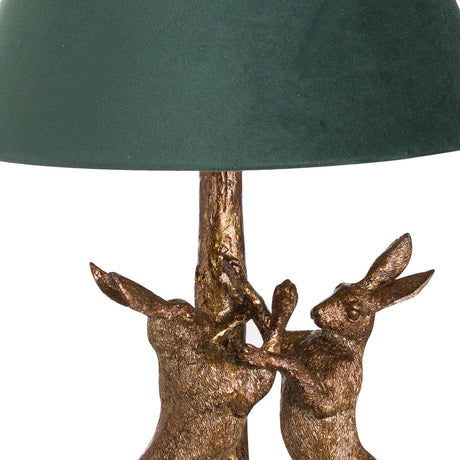 Antique Gold Marching Hares Lamp With Green Velvet Shade - Decor Sanctuary UK curated collection of luxury home decor