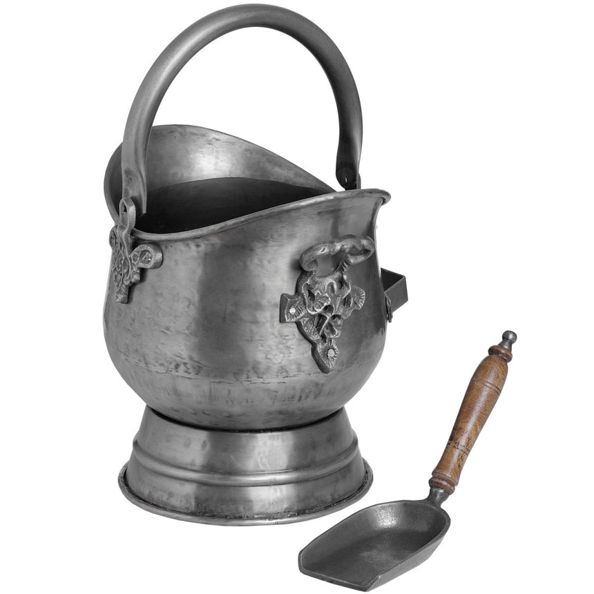 Striking Antique Pewter Coal Bucket with Shovel With Ornate Curved Handle Luxury Home Decor Garden & Outdoor And Gifts