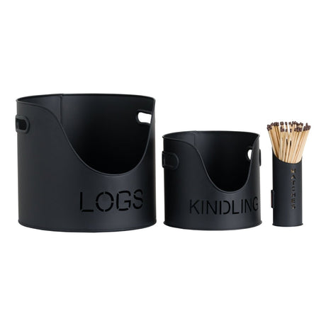 Black Handcrafted Trio of Logs Bucket, Kinding Bucket and Matches Holder Luxury Home Decor Garden & Outdoor And Gifts