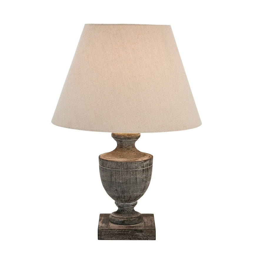 Brown Incia Urn Wooden Table Lamp & Linen Shade - Stylish Table Lamps UK Luxury Home Decor Garden & Outdoor And Gifts