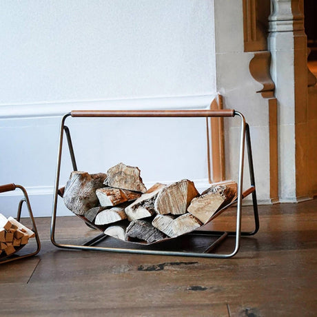 Contemporary Antique Brass with Hanging Leather Log Holder Luxury Home Decor Garden & Outdoor And Gifts