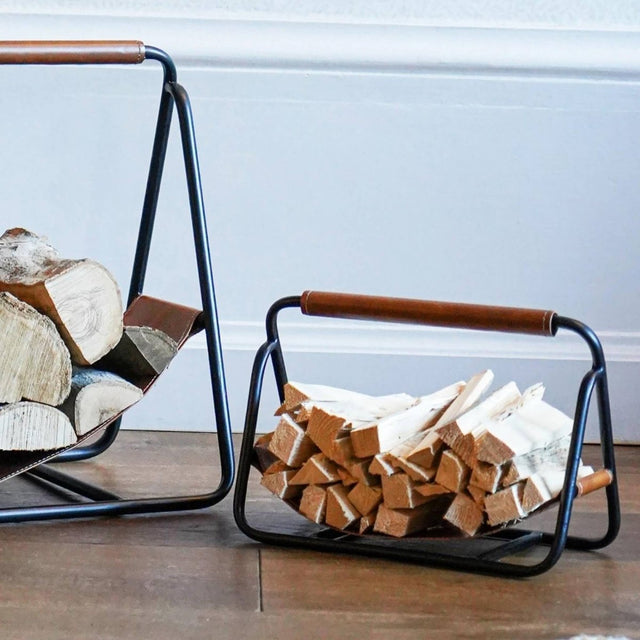 Contemporary Black with Hanging Leather Kindling Holder Luxury Home Decor Garden & Outdoor And Gifts