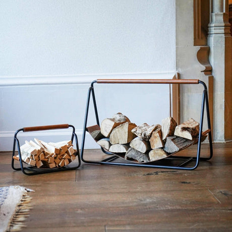 Contemporary Black with Hanging Leather Log Holder Luxury Home Decor Garden & Outdoor And Gifts