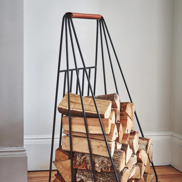 Contempory Leather Handle Log Trolley H100cm W49cm Luxury Home Decor Garden & Outdoor And Gifts