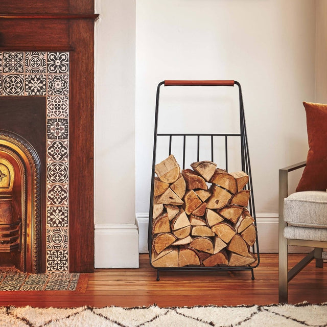 Contempory Leather Handle Log Trolley H100cm W49cm Luxury Home Decor Garden & Outdoor And Gifts