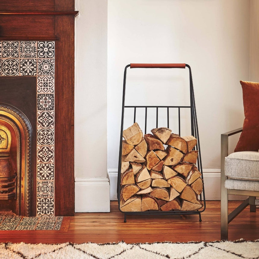 Contempory Leather Handle Log Trolley H100cm W49cm Luxury Home Decor Garden & Outdoor And Gifts