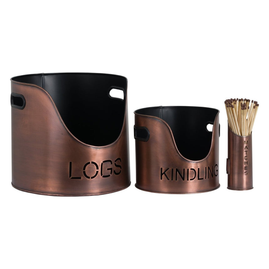 Copper Handcrafted Trio of Logs Bucket, Kinding Bucket and Matches Holder Luxury Home Decor Garden & Outdoor And Gifts