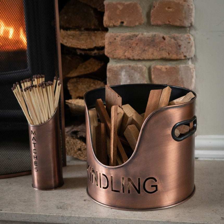 Copper Handcrafted Trio of Logs Bucket, Kinding Bucket and Matches Holder Luxury Home Decor Garden & Outdoor And Gifts
