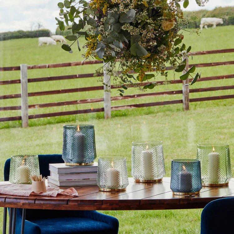 Embossed Votive Glass Candle Holder - Ocean Blue With Tapered Neck Luxury Home Decor Garden & Outdoor And Gifts