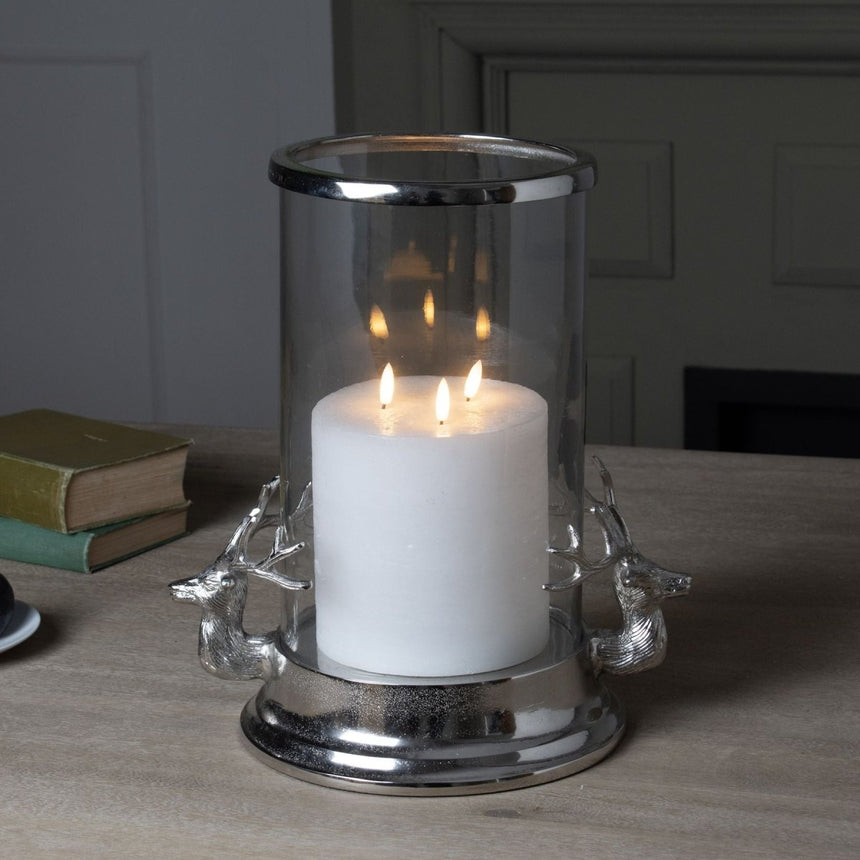 Eye - catching Silver Majestic Stags Hurricane Lantern 38cm Tall - Candle Lanterns UK Luxury Home Decor Garden & Outdoor And Gifts