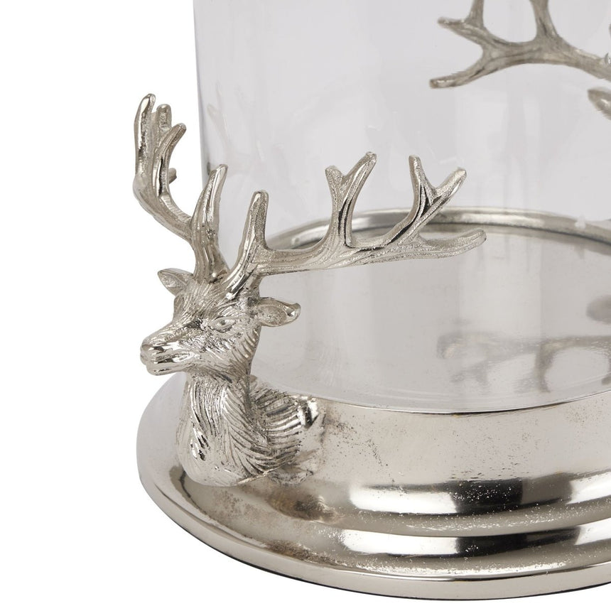 Eye - catching Silver Majestic Stags Hurricane Lantern 38cm Tall - Candle Lanterns UK Luxury Home Decor Garden & Outdoor And Gifts