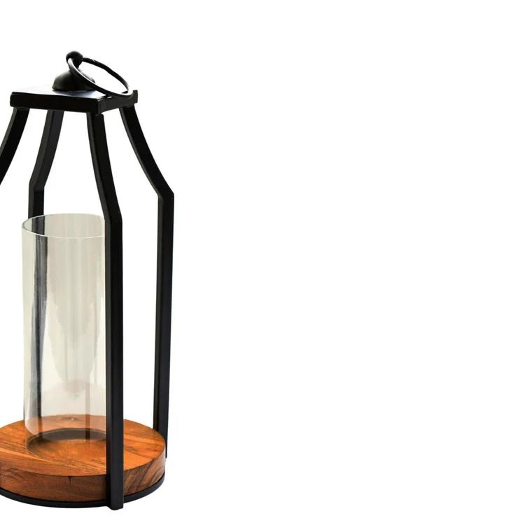 Felicity Circular Base Lantern in Acacia Wood/Black H30cm W14cm Luxury Home Decor Garden & Outdoor And Gifts