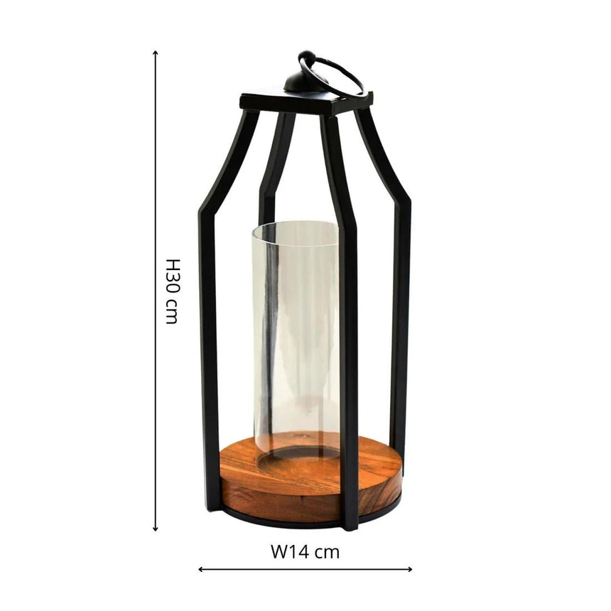 Felicity Circular Base Lantern in Acacia Wood/Black H30cm W14cm Luxury Home Decor Garden & Outdoor And Gifts