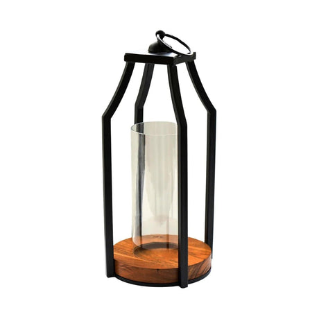 Felicity Circular Base Lantern in Acacia Wood/Black H30cm W14cm Luxury Home Decor Garden & Outdoor And Gifts