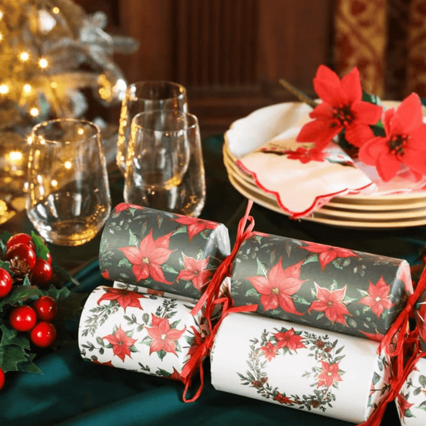 Festive Poinsettia Eco Christmas Crackers – FSC Mix 13in Set of 6 | Decor Sanctuary Quality Home Decor Garden & Outdoor Living and Gifts