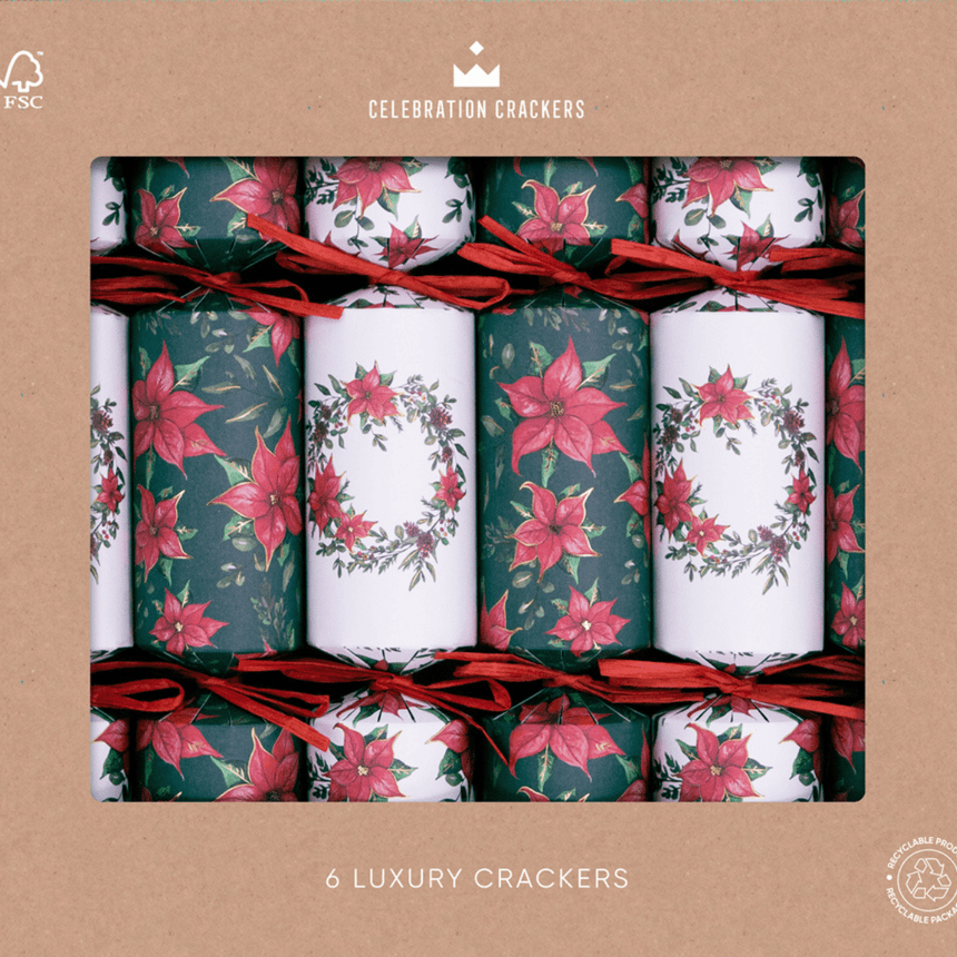 Festive Poinsettia Eco Christmas Crackers – FSC Mix 13in Set of 6 | Decor Sanctuary Quality Home Decor Garden & Outdoor Living and Gifts