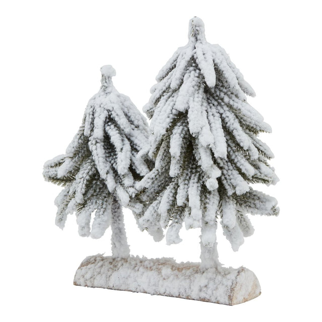 Forest Collection - Snow Clad Pair of Fir Trees In Wood Log - Decoration Ornament - Small 28cm Tall Luxury Home Decor Garden & Outdoor And Gifts