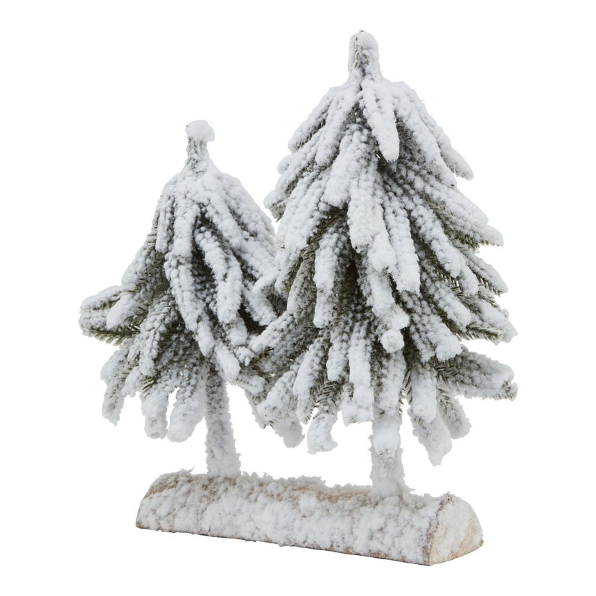 Forest Collection - Snow Clad Pair of Fir Trees In Wood Log - Decoration Ornament - Small 28cm Tall Luxury Home Decor Garden & Outdoor And Gifts
