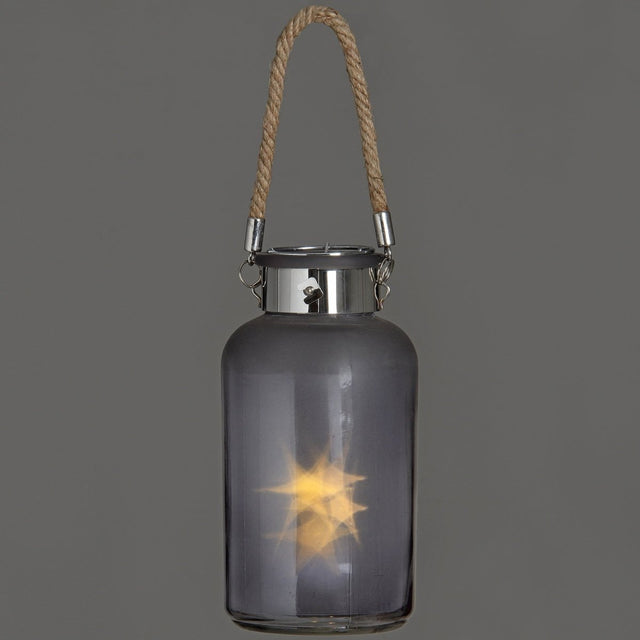 Frosted Grey Glass Lantern with Rope Detail and LED - Candle Lanterns UK Luxury Home Decor Garden & Outdoor And Gifts