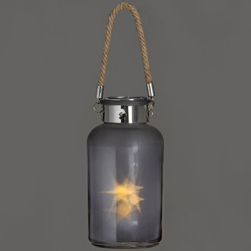 Frosted Grey Glass Lantern with Rope Detail and LED - Candle Lanterns UK Luxury Home Decor Garden & Outdoor And Gifts