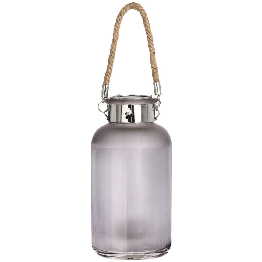 Frosted Grey Glass Lantern with Rope Detail and LED - Candle Lanterns UK Luxury Home Decor Garden & Outdoor And Gifts