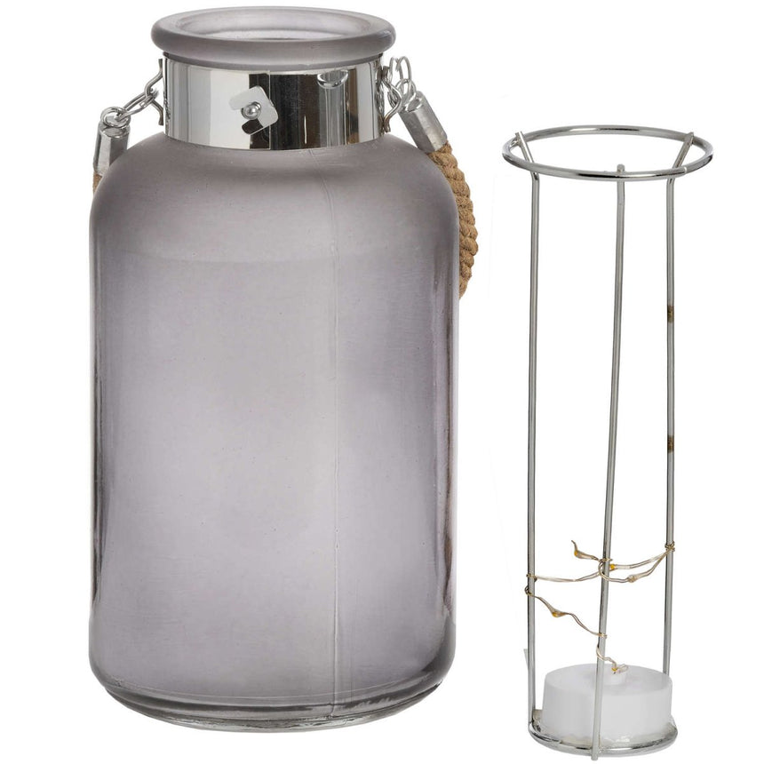 Frosted Grey Glass Lantern with Rope Detail and LED - Candle Lanterns UK Luxury Home Decor Garden & Outdoor And Gifts