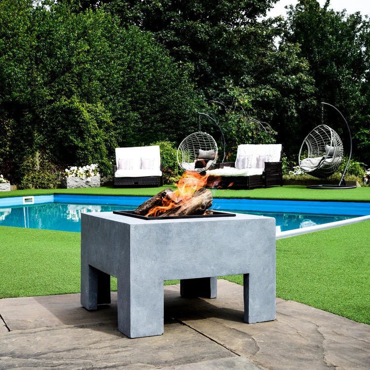 Garden Fire Pit/Bowl & Square Console Cement Grey & Black Steel - Frost Resistant UV Stable Quality Home Decor Garden & Outdoor Living and Gifts