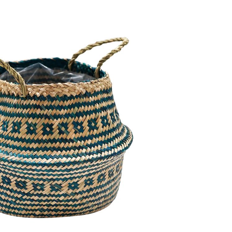 Hand Finished Seagrass Indoor Basket Planter or Stylish Storage - Teal Blue Tribal Design Luxury Home Decor Garden & Outdoor And Gifts