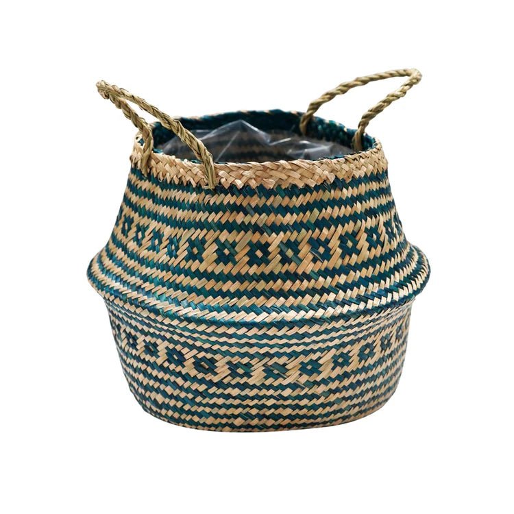 Hand Finished Seagrass Indoor Basket Planter or Stylish Storage - Teal Blue Tribal Design Luxury Home Decor Garden & Outdoor And Gifts