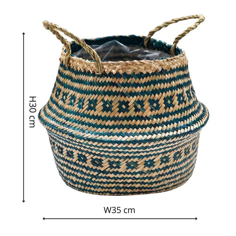 Hand Finished Seagrass Indoor Basket Planter or Stylish Storage - Teal Blue Tribal Design Luxury Home Decor Garden & Outdoor And Gifts