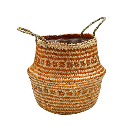 Hand Finished Seagrass Indoor Basket Planter or Stylish Storage - Mustard Orange Tribal Design Luxury Home Decor Garden & Outdoor And Gifts