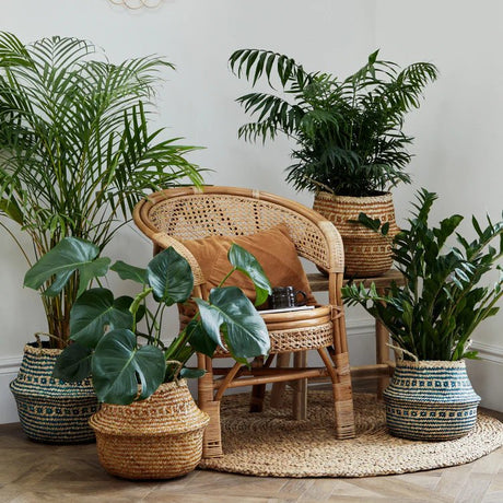 Hand Finished Seagrass Indoor Basket Planter or Stylish Storage - Mustard Orange Tribal Design Luxury Home Decor Garden & Outdoor And Gifts