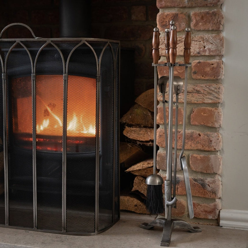 Large 64cm Tall Antique Pewter 4 Piece Fireside Companion Set With Wood Handles Luxury Home Decor Garden & Outdoor And Gifts