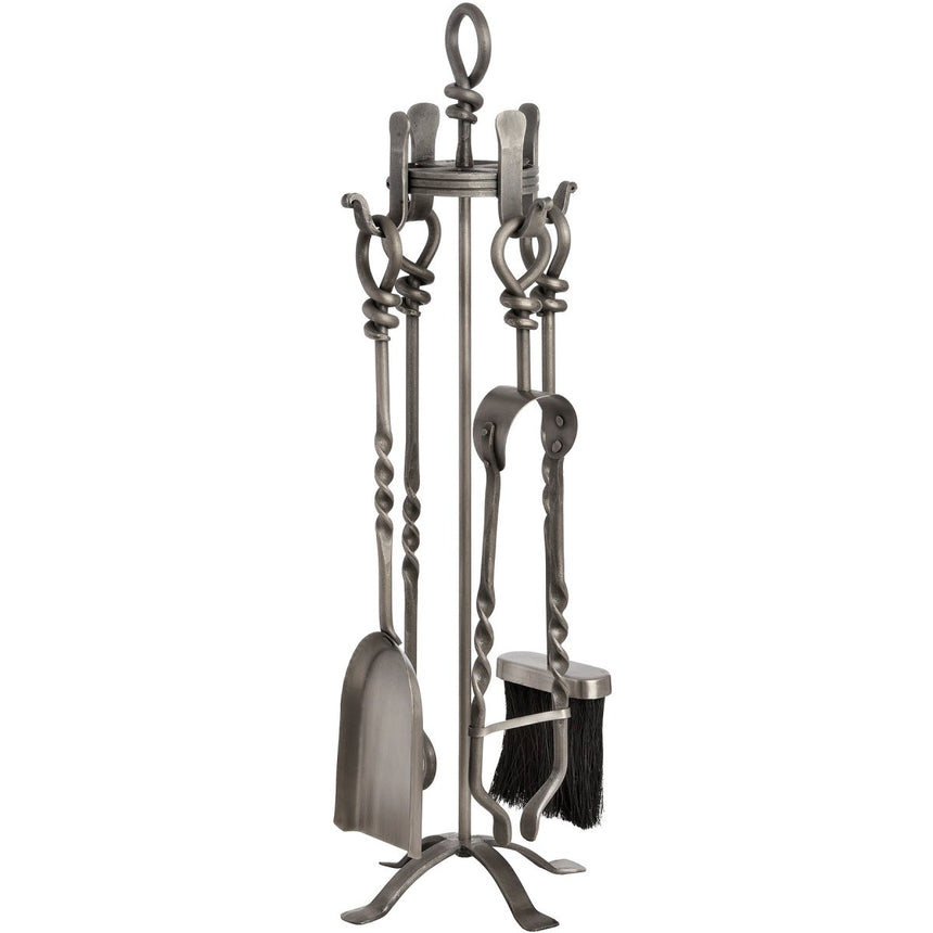 Silver Pewter Finish Hand Turned Loop Top Fireplace Companion Set - 4 Piece Luxury Home Decor Garden & Outdoor And Gifts