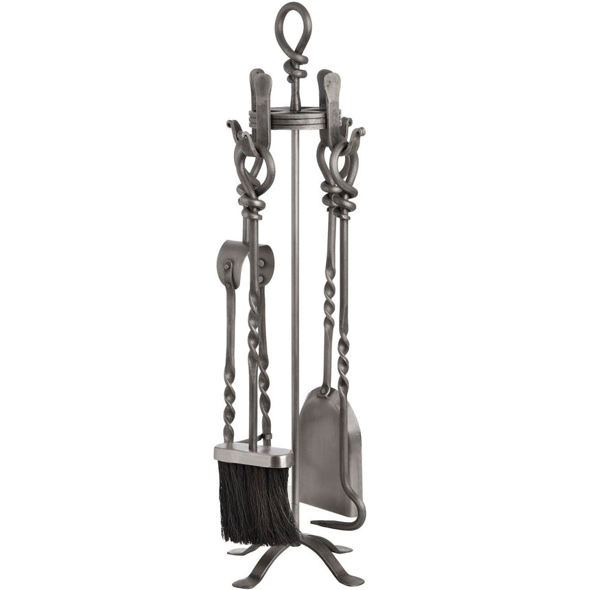 Silver Pewter Finish Hand Turned Loop Top Fireplace Companion Set - 4 Piece Luxury Home Decor Garden & Outdoor And Gifts