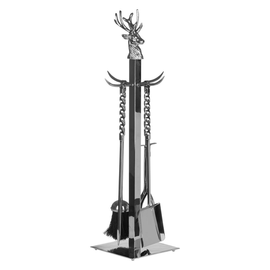 Large 67cm Tall Silver Finish Companion Set with Handmade Stag Head Luxury Home Decor Garden & Outdoor And Gifts