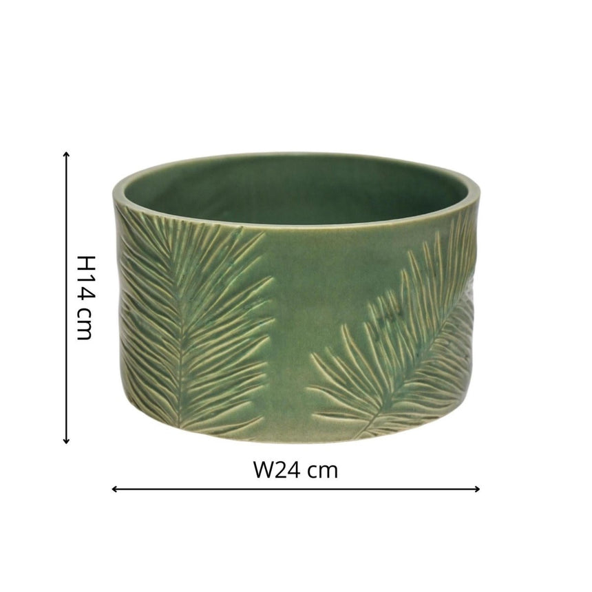 Kew Gardens Stoneware Palm Leaves Bowl Indoor Planter - Olive Green & Handmade Luxury Home Decor Garden & Outdoor And Gifts