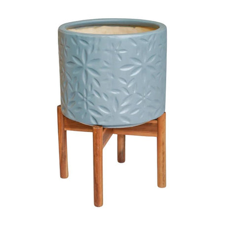 Large Cornflower Blue Indoor Planter With Stand - Embossed Flower Pattern Luxury Home Decor Garden & Outdoor And Gifts