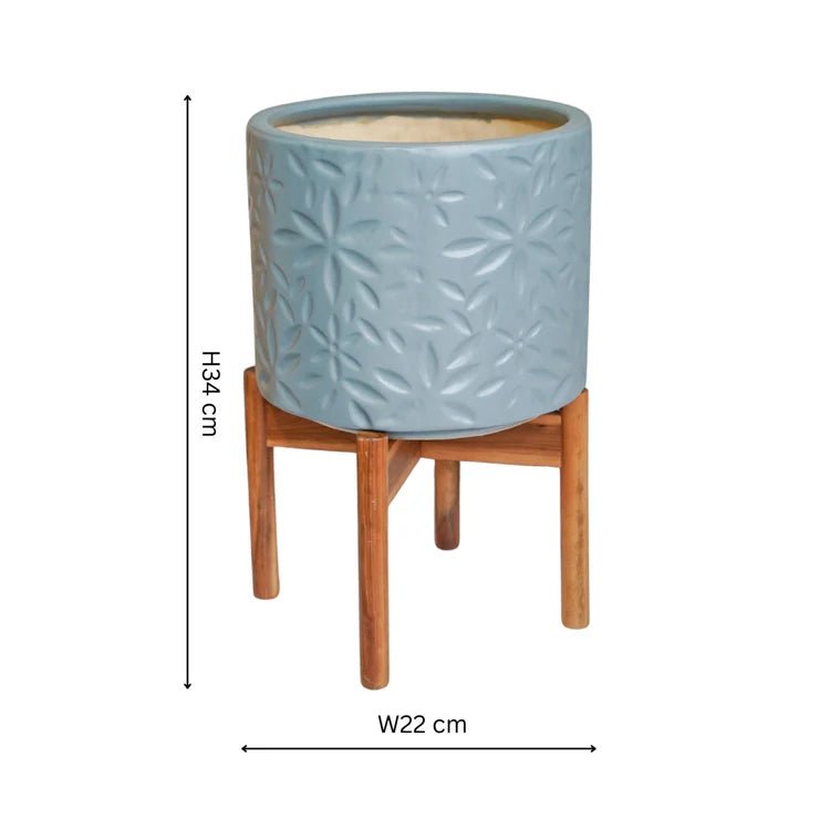 Large Cornflower Blue Indoor Planter With Stand - Embossed Flower Pattern Luxury Home Decor Garden & Outdoor And Gifts