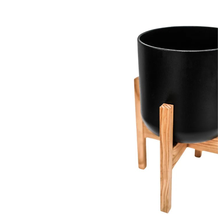 Large Indoor Black Ceramic Plant Pot - On Wooden Stand Luxury Home Decor Garden & Outdoor And Gifts